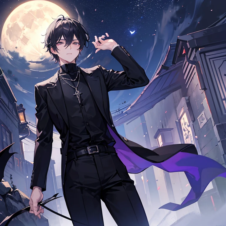 masterpiece, best quality, detailed, 1boy, male focus
alley, dark, night, full moon, from below, 
 kotomine kirei, black shirt, black pants, sungit named necklace, ((command spell hand)), short hair, long sleeves, black demonic face shadow behind him, evil,