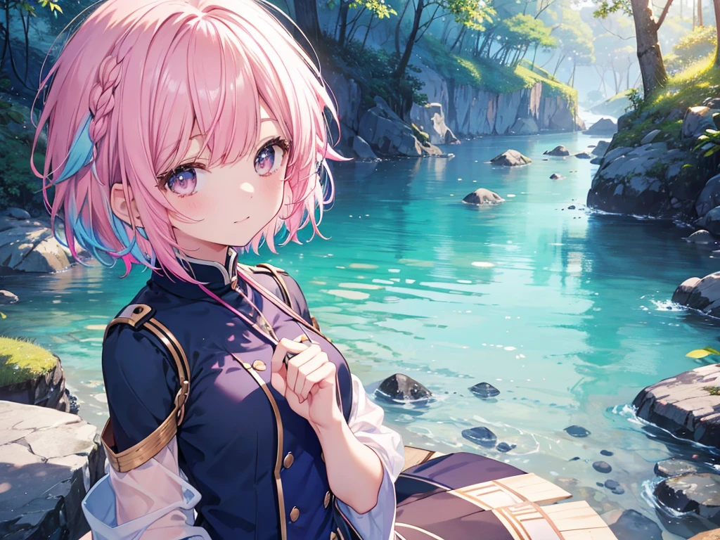 Blue Uniform, Brown eyes, Fine grain、Pink and light blue hair、Multicolored Hair、Inner Color、Short Hair、 Straight bangs、1 girl、Happy Face、Beautiful nature background、8K background、Medium chest、