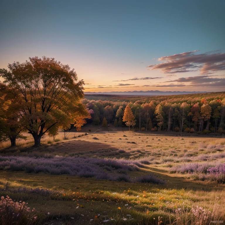 Make a drawing where you can see a forest with 2 trees, one closer and one further away in the lower right corner, keep in mind that it is a sad opaque sunset in autumn, use the following colors: Orange, Light Blue, Pink, Cream color, Blue, Purple, Lilac, Fuxia pink