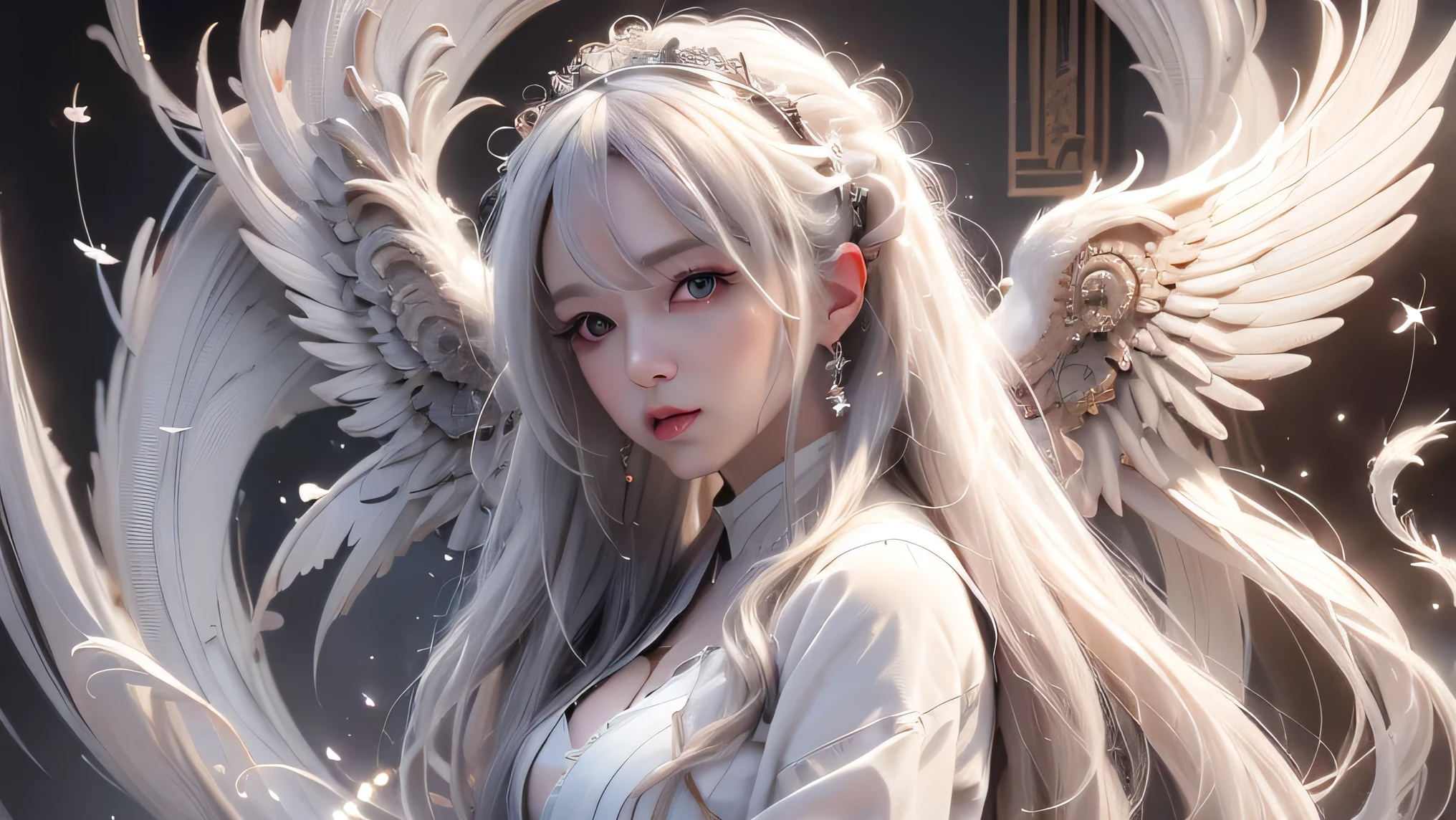 (White Wings 1.2),(White feathers falling in the background 1.1), ((masterpiece)), (detailed:1.4),Realistic、 Beautiful Woman Images,High resolution(High Dynamic Range),Ray Tracing,NVIDIA,Super Resolution,PBR Textures,Post-processing,Anisotropic Filtering,Maximum depth of field resolution and crisp layer textures,Albedo and Specular Maps,Surface Shading,Accurate simulation of material interactions,Perfect balance,Rendering with Octane,2-color light,Large Diameter,Low ISO,White balance,Rule 3 points、8K raw data、Backlight、Beautiful white and shining skin、Gray hair that changes with light、Long bangs obstruct the view、Highlights of cheek luster、Sexy and very beautiful and adorable face、The most beautiful face in the world、Super long and gorgeous white hair、Smooth straight hair、WHITE hair fluttering in the wind、big, Sparkling bright blue eyes、Beautiful Bangs、Beautiful cute girl 25 years old、Great cleavage、Beautiful dress、From the side