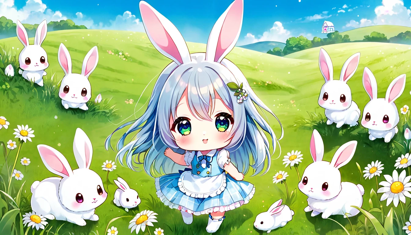 cute ふわふわ, Original Chibi Rabbit, fantasy, cute, rabbit,An illustration, grassland,Girly Bunny,
