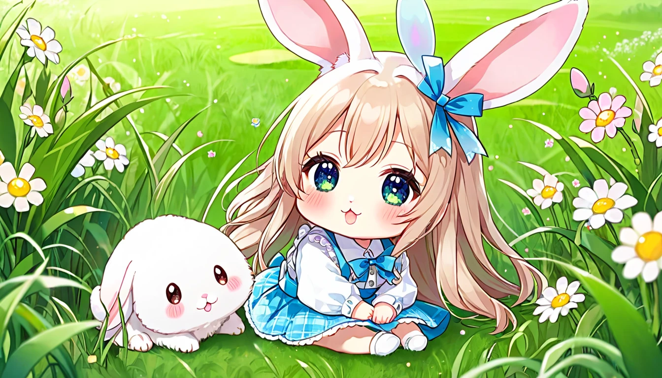  cute ふわふわ, Original Chibi Rabbit, fantasy, cute, rabbit,An illustration, grassland,Girly Bunny,