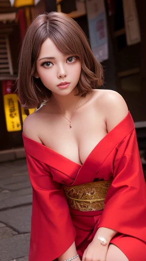 ((NSFW)),one girl, (a beauty girl, delicate girl:1.3), (19 years old:1.3),
break, (Red kimono,Bright dress:1.3),(Off the shoulder,Fluffy hem,Open chest,Unbuttoned Japanese clothing,The obi comes undone),
break, Very fine grain definition, (Symmetrical eyes:1.3),
break, (Night Festival:1.3),
break, (Ample breasts:1.2),Brown eyes, Parted bangs, Brown Hair, girl,
break, (Eyes and facial details:1.0),
break, (masterpiece, highest quality, Super detailed, Detailed face, 8k),Shot to the knee,