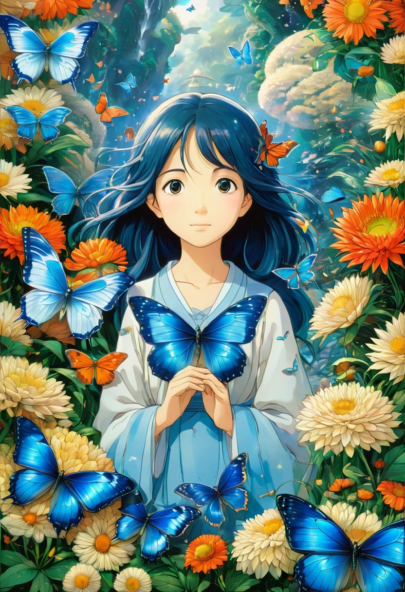 blue butterfly, by Studio Ghibli, best quality, masterpiece, very aesthetic, perfect composition, intricate details, ultra-detailed