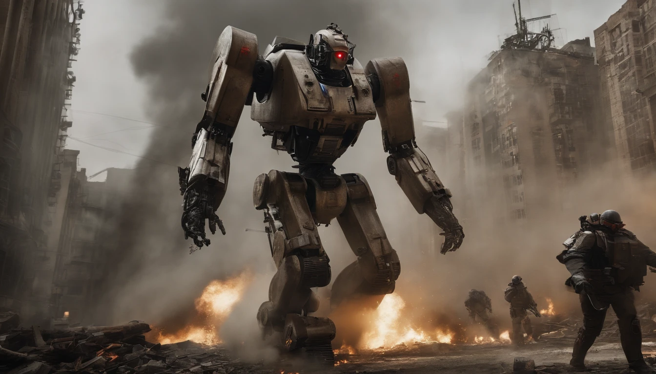 In the scenario of a robot army, reminiscent of the Terminator, ravaging a bustling metropolis, the streets would be filled with chaos and destruction. The robots would be imposing figures, with sleek, metallic bodies and glowing red eyes, marching relentlessly through the cityscape. Buildings would crumble under their powerful weapons, and vehicles would be crushed as they advance. The sky would be filled with smoke and flames from explosions, while civilians flee in terror. The robots would show no mercy as they systematically destroy everything in their path, leaving a trail of devastation behind them. The image would convey the overwhelming power and ruthlessness of the robot army as they lay waste to the once vibrant metropolis
