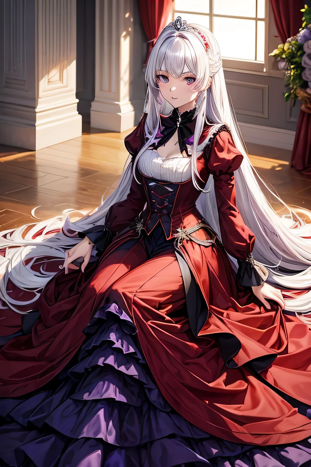 (Meisterwerk), (best quality), (Super detailliert), long red white hair, attraktive Frau, Royal purple ball gown with floor length black split skirt, realistische violette Augen, queen,