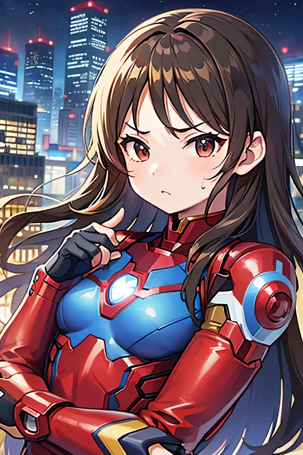 NSFW、Primary school students、child、Long Hair、((Small breasts、Small breasts、child体型、Angry、injured body、Blue ribbon))、((iron man suit))、City of night、Rooftop、Boxing stance、8 year old 、Fight the enemy、A body covered in scars、Struggled、Sweating profusely