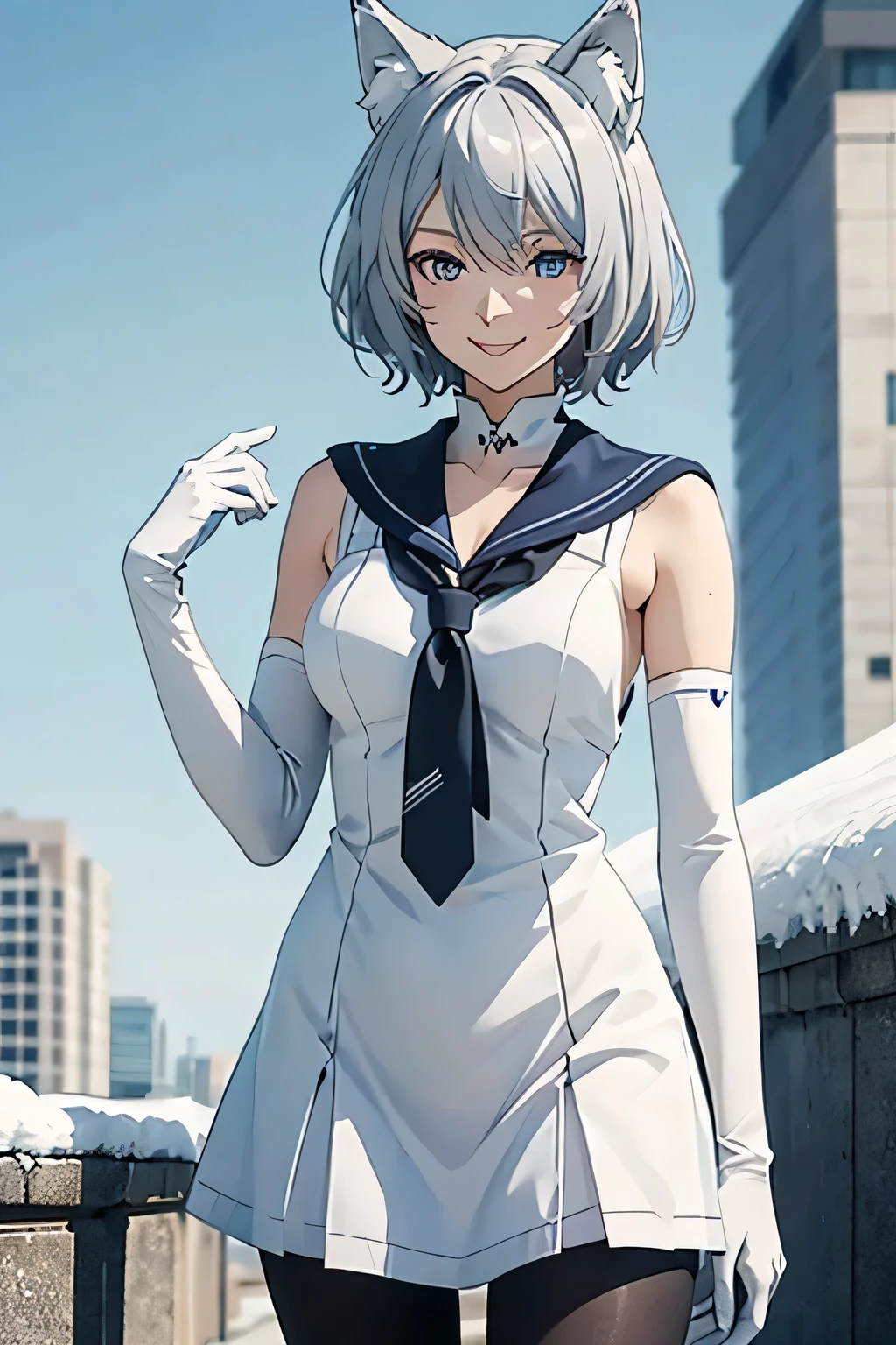 Tabletop　 Best image quality　wonderful　Attention to detail　One Young Woman（（Adult））Anime Style　White Sailor Suit（Sleeveless）　snow-white gloves（Elbow Gloves）　White Pantyhose（Plain）　Wolf Ears　short hair（（Shortcuts）（Gray Hair）（Curly Hair）（fluffy））　smile（Happy）　Eye color is blue　background（Building district）