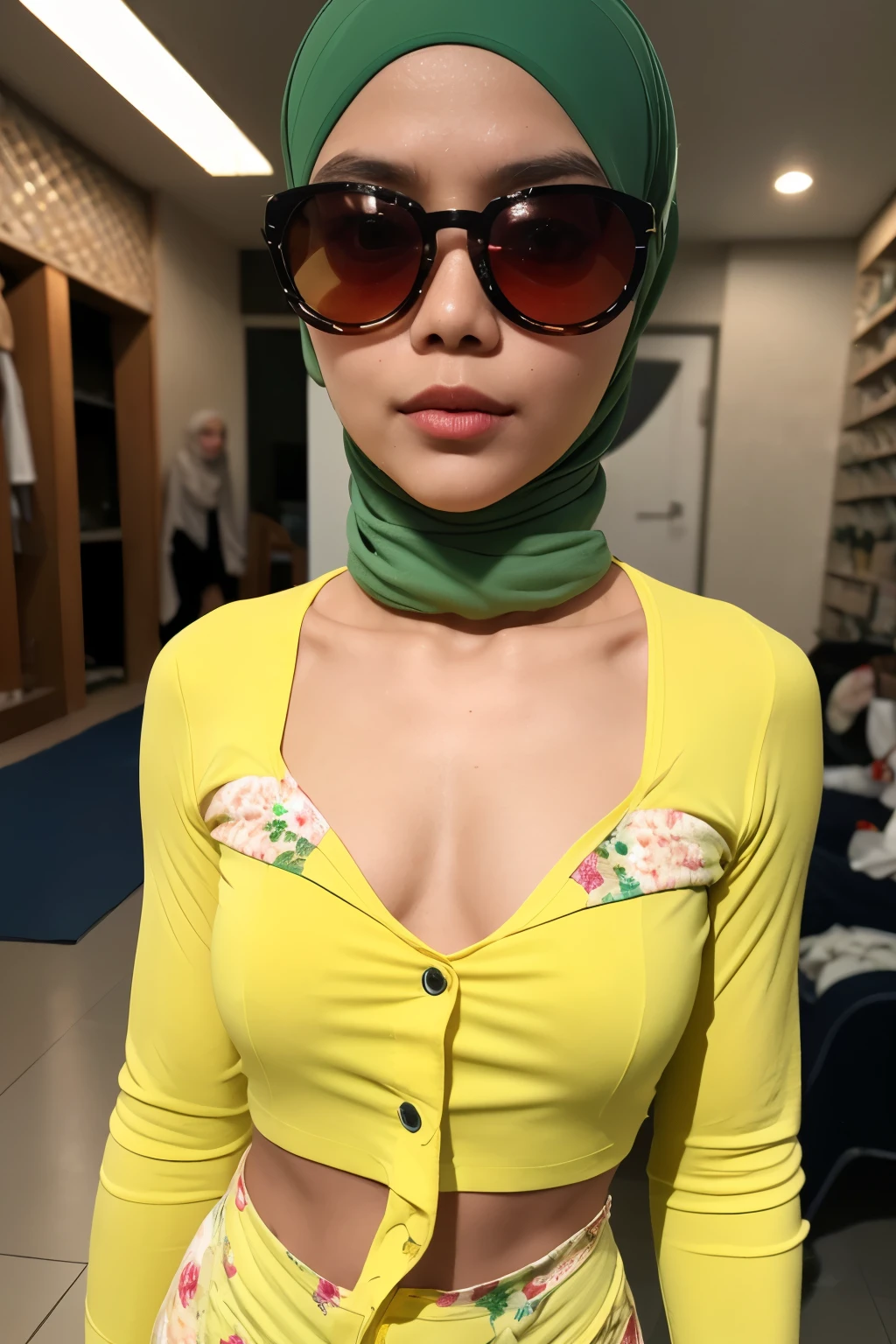 Bodybuilder Naked, (((HIJAB MALAY GIRL))), masutepiece, High quality, UHD 32K, Realistic face, Realistic skin feeling , A Japanese Lady, 8 , , Very cute and baby-like face, (((FLAT CHEST))), (MATRIX WORLD), ((look In front at the camera and SADNESS)), (((GREEN FLUORESCENT))), (((CUTE GIRL))), ((YELLOW LIPS)), ((wering strapless Floral Pattern)) little Bodybuilder, ((flat chest:1.5)), (((sunglasses)))