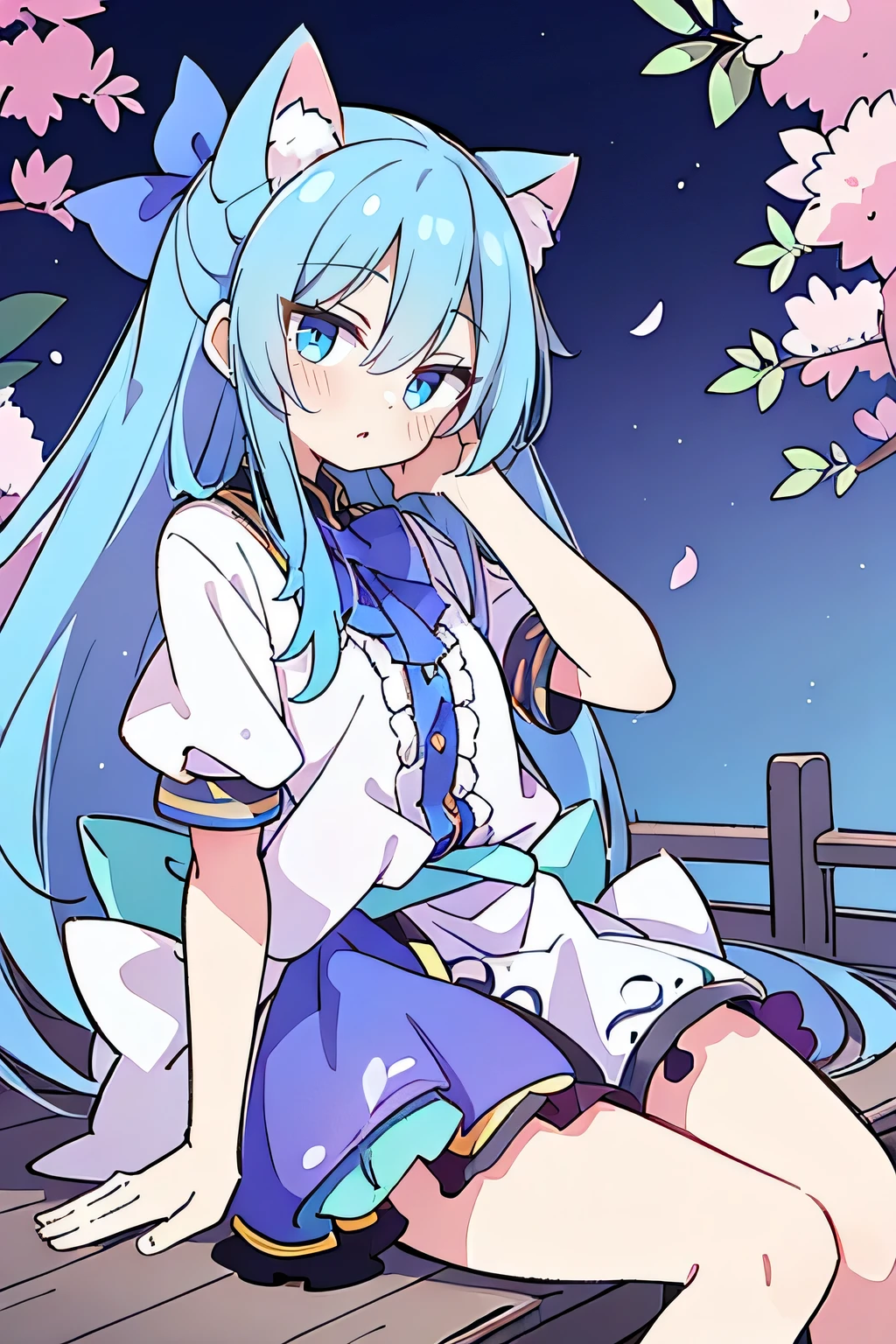 (masterpiece:1.2),ultra-detailed,realistic,expressive eyes,fair-skinned,perfectly shaped face,1girl,
Japanese cartoons,Gorgeous blue hair, flowing blue hair,floating clothes,cat ears,petals falling,beautiful Lola,Hina Angel,
hands on waist,gracefully sitting on the ground,legs crossed,gentle and serene background,cool and comfortable pavilion,night ,