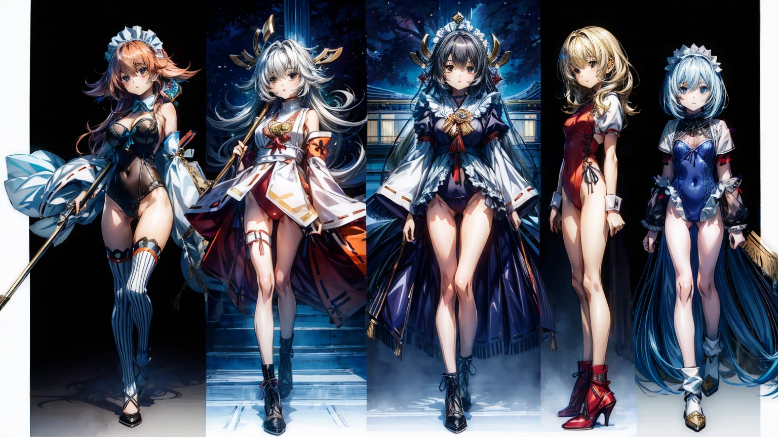 (Perfect Anatomy:1.2, highest quality),(Miko leotard details:1.6),(5Girls:1.6),Long Hair:1.5, (Short sleeve, Thighs,Maid Cufflinks),,Hypno Lola, Hollow Eyes,High heel lace-up boots,Dark aura,(Leotrad),,From below,love for viewers,Look down,(full body:1.4),looking at viewer, 