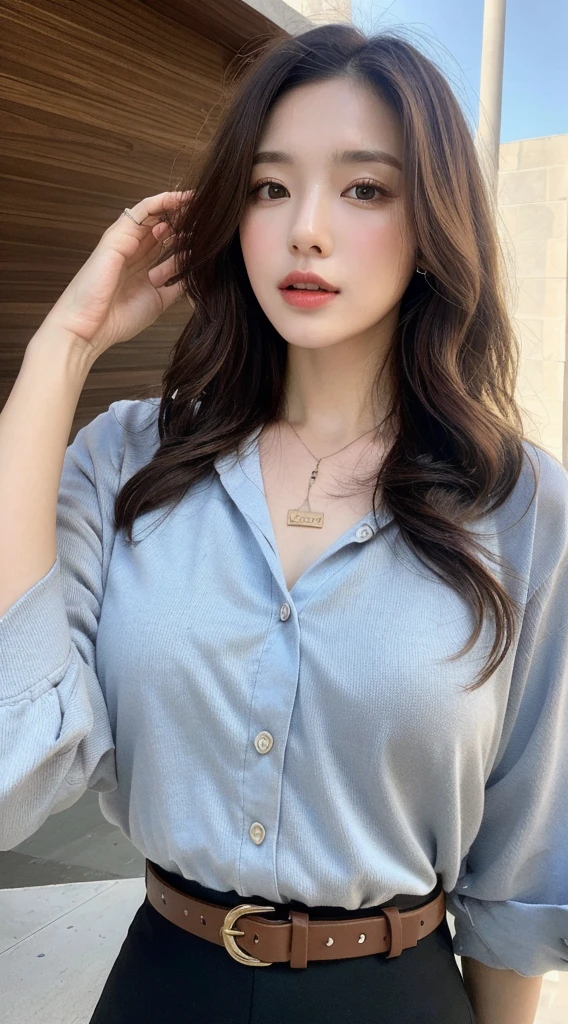 (Best quality, High resolution, Masterpiece :1.3), A tall and pretty woman, Slender abs, Dark brown hair styled in loose waves, Breasts, Wearing pendant, White button up shirt, Belt, Black skirt, (Modern architecture in background), Details exquisitely rendered in the face and skin texture, Detailed eyes, Double eyelid
