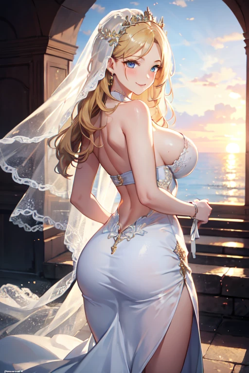 (highres,masterpiece:1.2),1girl, walking towards groom,marriage ceremony outside background, sexy white dress, seductive smile, long and wavy blonde hair, big breast and butt,illustration,vivid colors,warm tones,sunset lighting, blue eyes, with veil over face