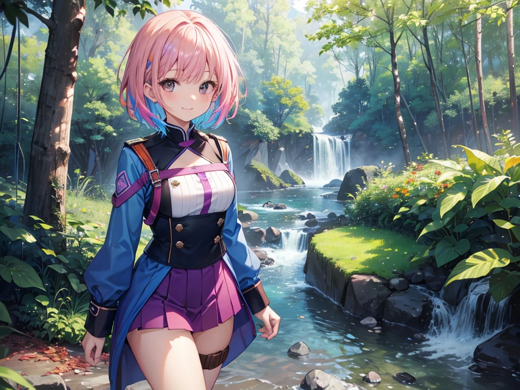 Blue Uniform, Brown eyes, fine grain、Pink, purple and orange hair、Multicolored Hair、Inner Color、short hair、 slender、Straight bangs、1 girl、smile、Beautiful nature background、8K background、Medium Chest、Thick thighs、whole body、