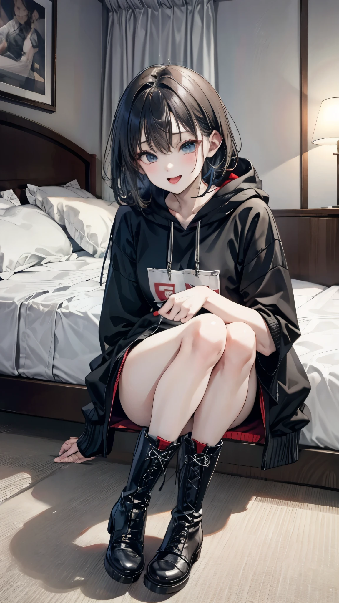 (((lovehotel)))、Hotel、8k,Super Detailed Game CG, (High resolution:1.1),(Absurd:1.1), highest quality, 超High resolution, Highest resolution, Very detailed, One girl,cute、contemptuous 、disdain、Sitting、
black and White hoodie、Red and black hoodie、White hoodie、Crossing your legs、Black platform boots、(foot focus)、
Black Hair、Black Hairロング、black eye、