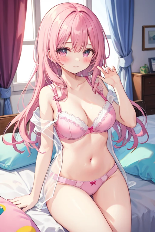 NSFW,Pink hair,bared  chest,Striped bikini,Cat ears,Cat's tail,Pink eyes，Striped socks,Light blue Lolita,Top image quality,Best Quality