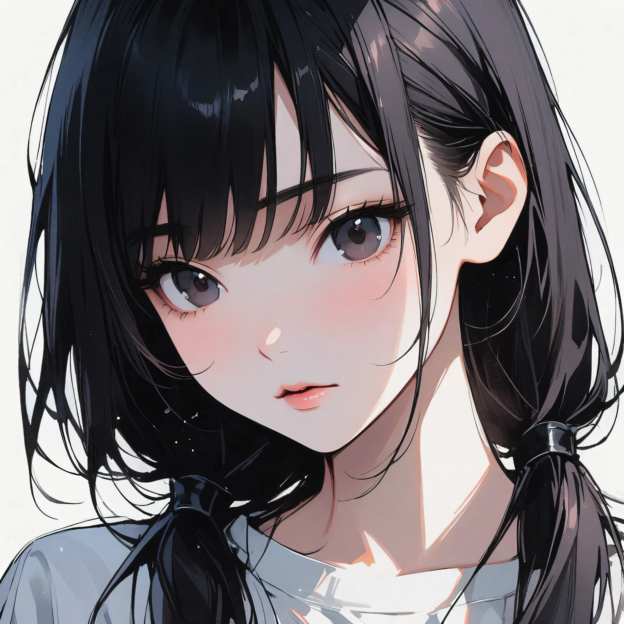 Pigtails, slim, pale, pure, simple, white background, face close-up, black hair, black eyes, straight bangs, asian eyes
