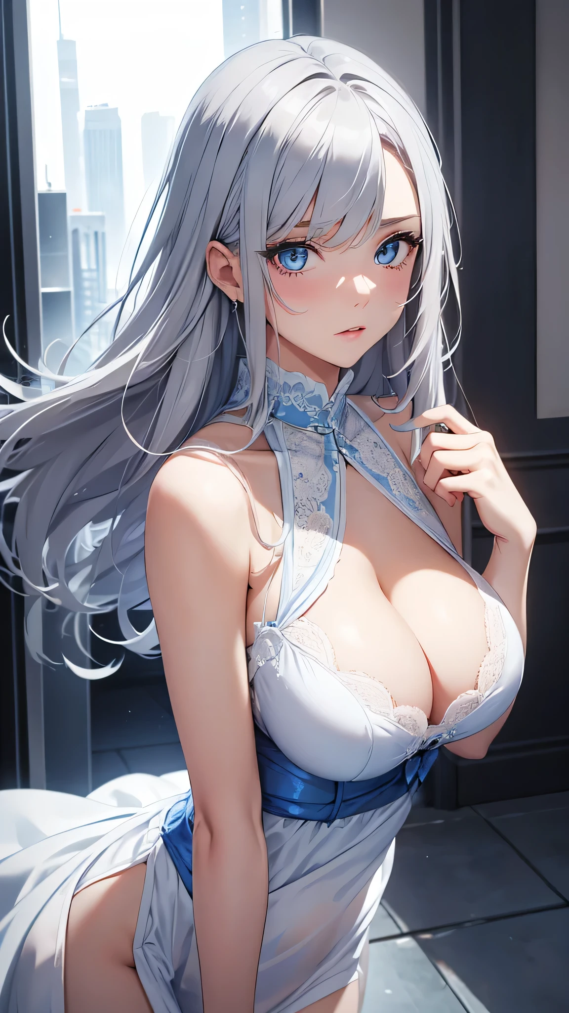 beautiful girl, Gray Hair, blue eyes, A sexy white dress that looks like underwear, Big Breasts、to close range