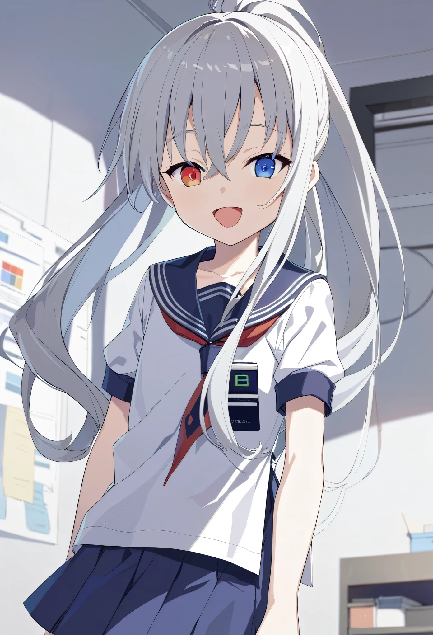  best quality, insanely detailed, absurdres, man's daughter, no humans, happy, smiling, standing, front view, long hair, ponytail, silver hair, slant eyes, heterochromia, Color code A0283A and color code 004B88 eyes, pale skin, tiny, slim, sailor uniform, 10-year-old, in the office, cute, beautiful, cel anime, 1 Boy