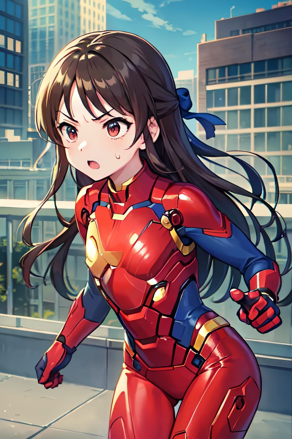 NSFW、Primary school students、child、Long Hair、((Small breasts、Small breasts、child体型、Angry、injured body、Blue ribbon))、((iron man suit))、City of night、Rooftop、Boxing stance、8 year old 、Fight the enemy、A body covered in scars、Struggled、Sweating profusely