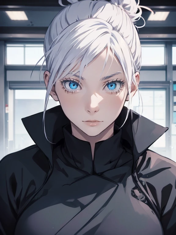 Woman, female version, female, jujutsu kaisen, white hair, hair bun, white eyebrows, white eyelashes, light blue eyes, wearing black shirt, black clothing, classroom, high quality, 4k resolution, anime