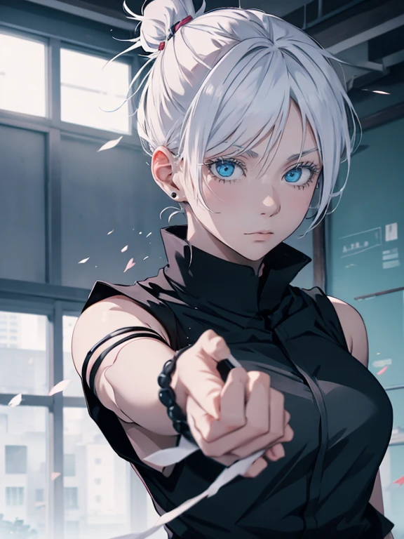 Woman, female version, female, jujutsu kaisen, white hair, hair bun, white eyebrows, white eyelashes, light blue eyes, wearing black shirt, black clothing, classroom, high quality, 4k resolution, anime