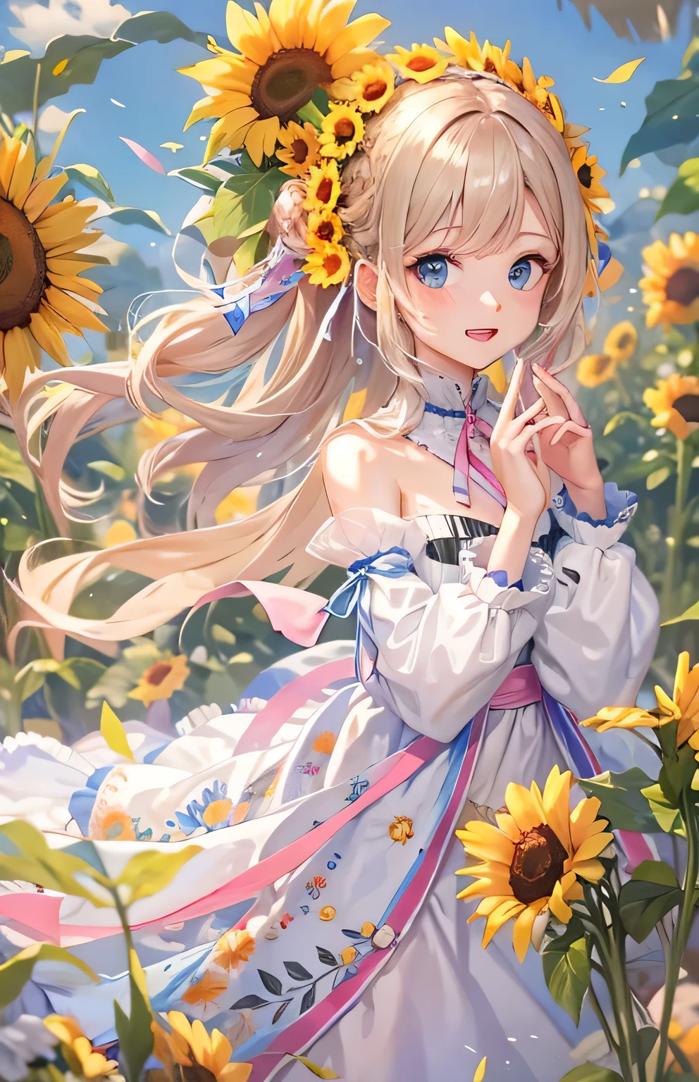 ((highest quality)), ((masterpiece)), (Get used to it), Perfect Face , beautiful girl , sunflower , Princess Hairstyles , Princess Dress ,