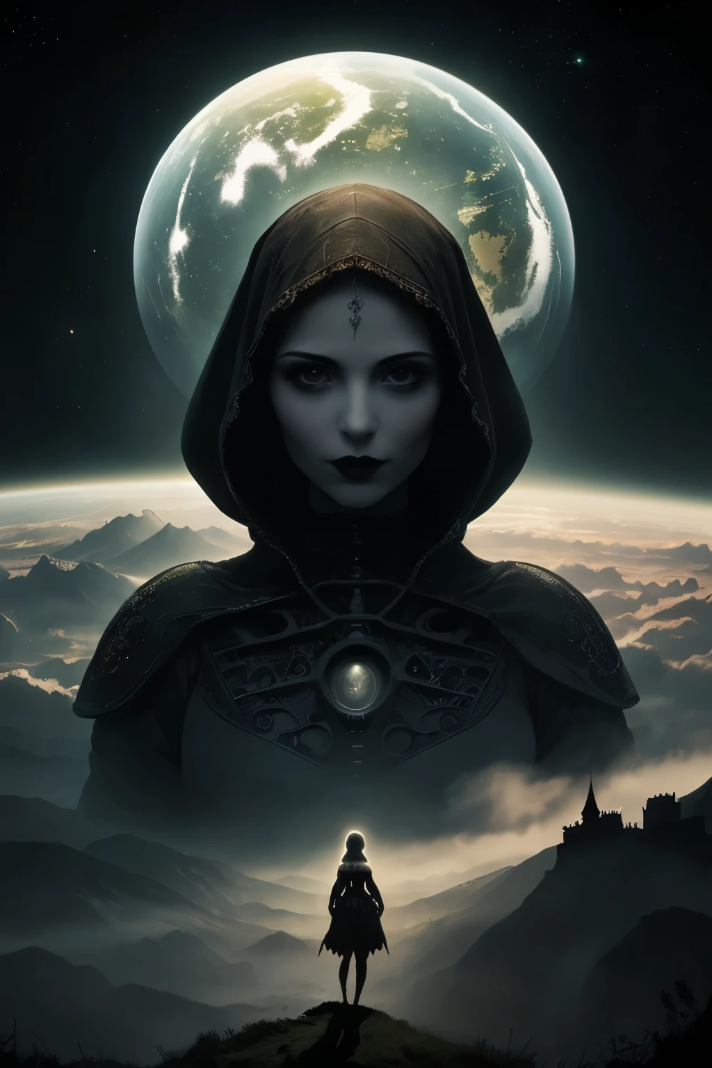 ((best quality)), ((masterpiece)), (detailed), perfect face, a women in a beautiful gothic landscape that is both sc-fi blended with medieval, space shapes in sky and beautiful gothic sci-fi cities with aliens creatures around, stunning world with surreal lighting