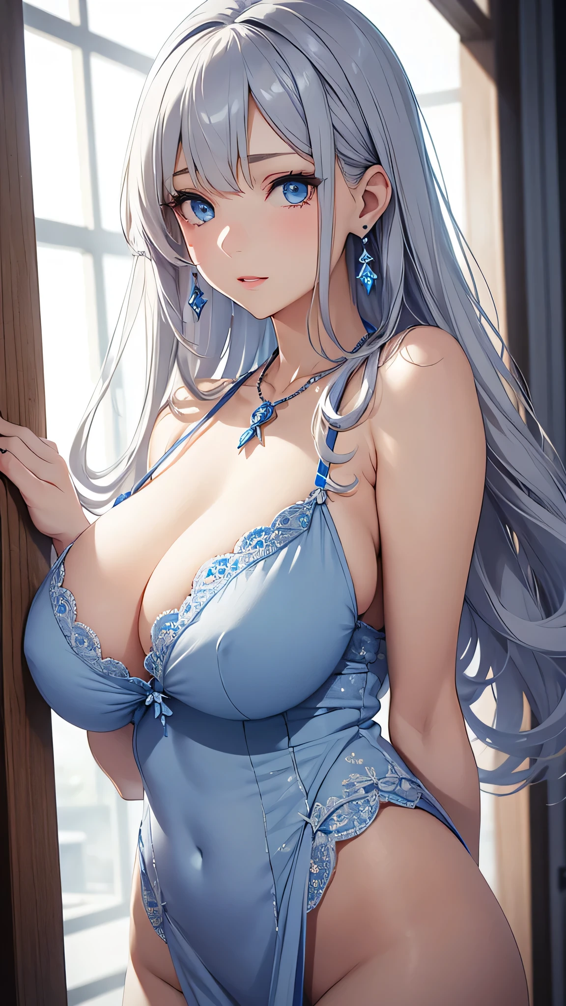 beautiful girl, Gray Hair, blue eyes, A sexy white dress that looks like underwear, Big Tits、to close range、Blue Necklace、Blue earrings