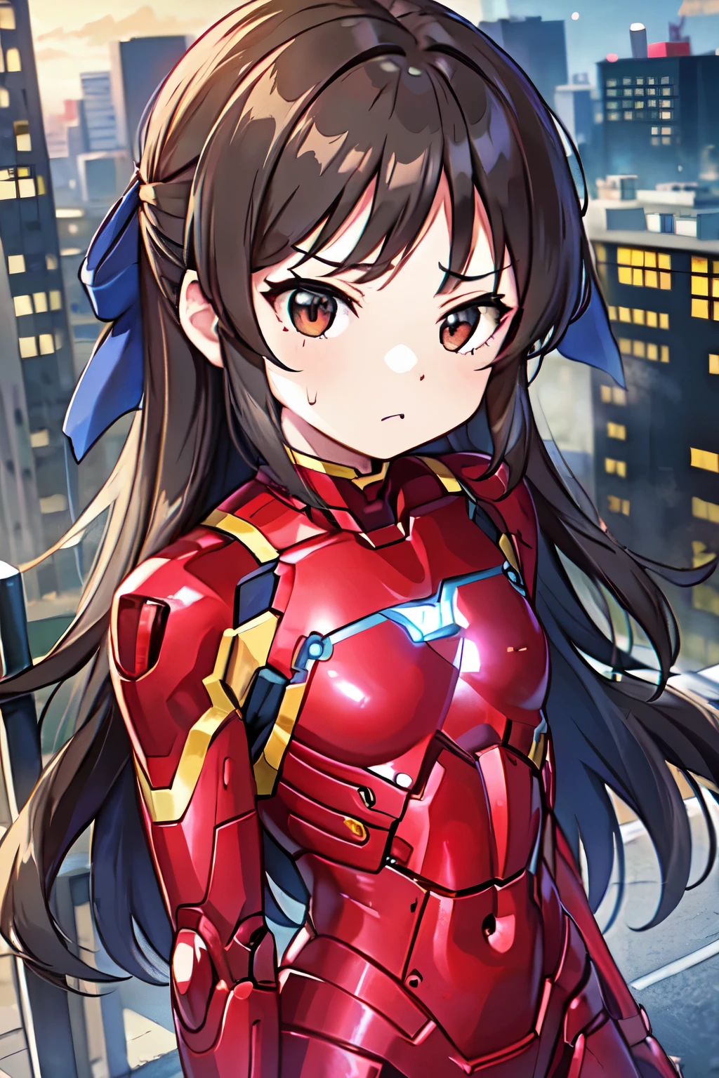 NSFW、Primary school students、child、Long Hair、((Small breasts、Small breasts、child体型、Angry、injured body、Blue ribbon))、((iron man suit))、City of night、Rooftop、Boxing stance、8 year old 、Fight the enemy、A body covered in scars、Struggled、Sweating profusely