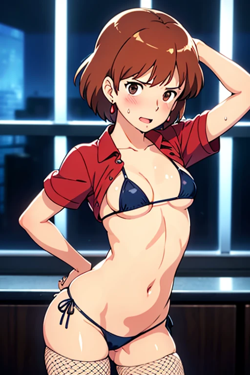 (masterpiece, highest quality, High resolution, 8k, High quality anime illustration, Realistic), Nausicaa, very cute, Sad expression, Pure, , blush, alone, Brown Hair, short hair, Red Gem Earrings, Ahegao, Open your mouth, Drooping tongue, Drooling, Alluring, Moist eyes, Open your mouth a little, (Looking at the audience), Cleavage, Beautiful breasts, (High School Uniforms, mini skirt, Coarse Fishnet Tights,Micro bikini underwear, Thong, Coarse mesh clothing), Perfect beauty, Slim body, Sweat, Luxury hotel suites, (Perfectly detailed anatomy, Beautiful and elaborate face&eye:1.5, Shiny skin, Perfect body)、Beautiful buttocks, Put your hands behind your head, Wiggle your hips, 横eye, Turn your back, I want to see the whole body