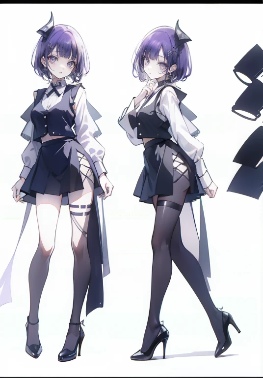 ((Perfect Face)),Purple Hair,short hair,1 female,bartender,,Black vest,skirt,slit,High heels,((Simple light color background)),((smile)),((Full Body)),((full body)),Portraits,Character Sheet,upright,