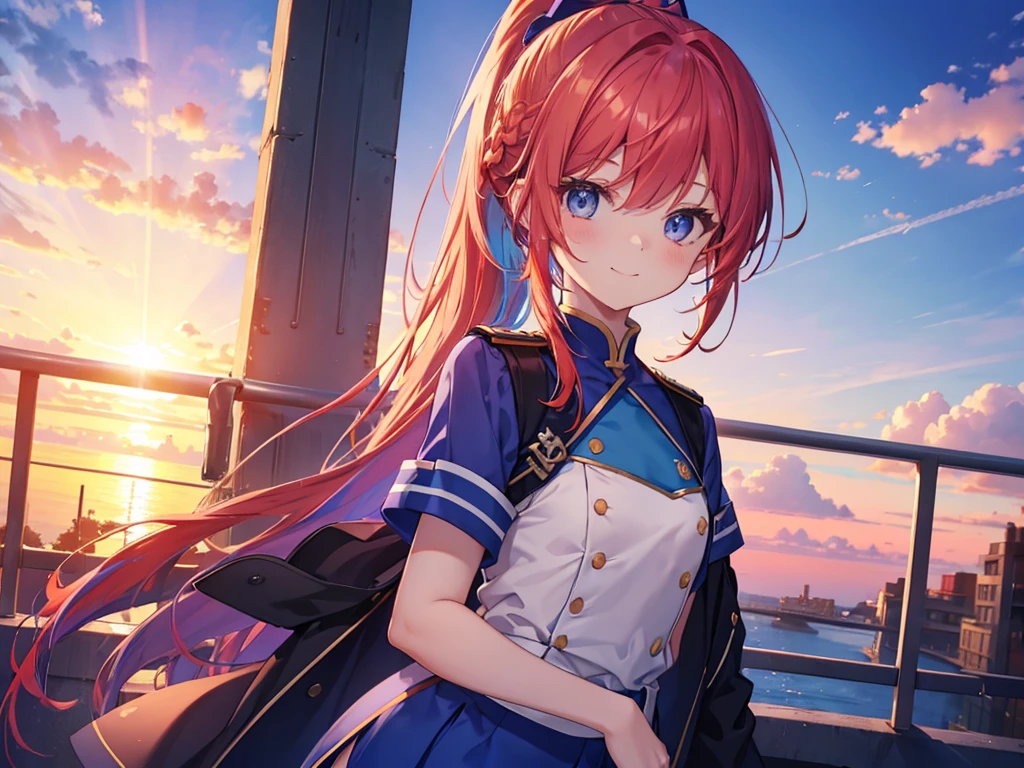 Blue Uniform, Light blue eyes, fine grain、Purple, orange and red hair、Multicolored Hair、Inner Color、Ponytail Hair、 thin、Straight bangs、1 girl、smile、Beautiful sunset、8K background、Medium Chest、Thick thighs、whole body、