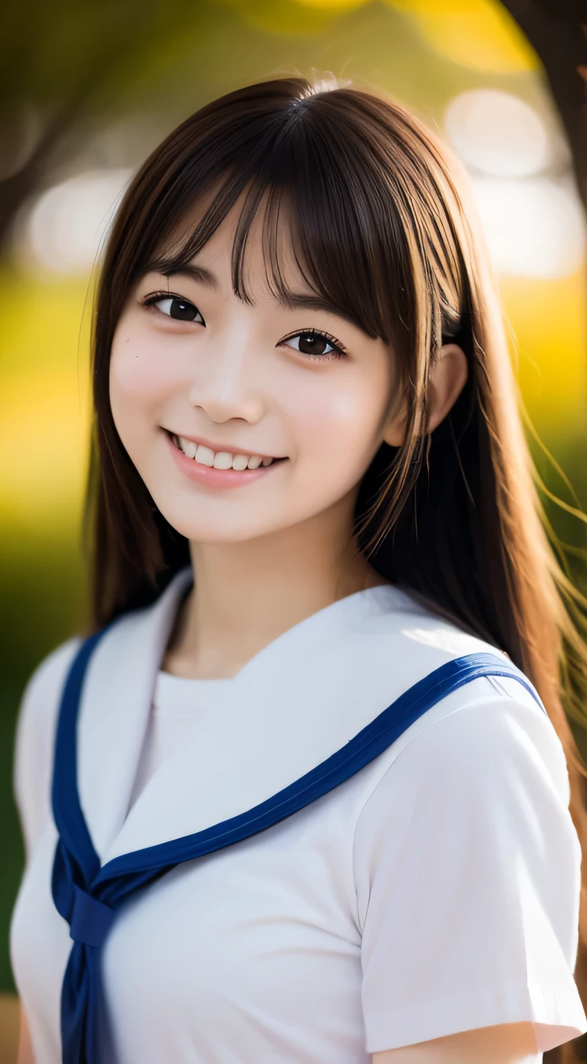 one high school girl、Delicate body shape、anatomically correct proportions, RAW shooting, 8k、((Use soft focus filter:1.5))、best quality, masterpiece, real photos, detailed face、detailed hair、16 year old beautiful girl、Beautiful girl like a Japanese idol、upper body photo、In the sunlight filtering through the autumn leaves、shallow depth of field photo、happy smile、Photo taken using a soft focus filter、Surrounded by bright and soft light、High school girl wearing a short-sleeved sailor uniform、Beautiful girl with a cute smile