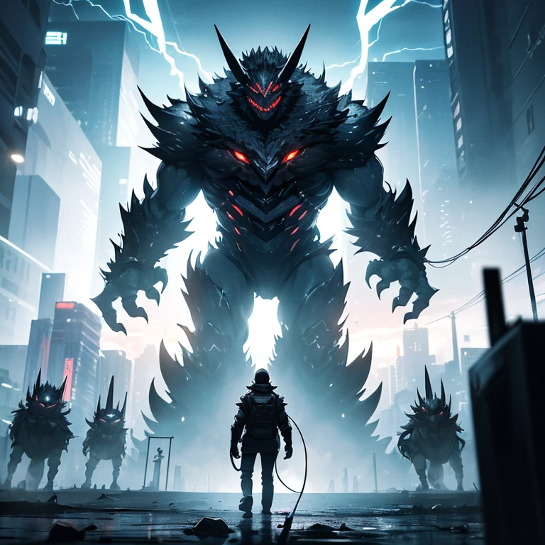 Create a hyper-detailed scene of a 500-meter tall Kaiju standing in the middle of Hong Kong at night. The Kaiju should have a sleek, armored-looking body with neon lights embedded in its skin. Its face should show a fierce, enraged expression. Show it towering over the city’s skyscrapers and neon-lit streets, with people fleeing in panic. Use ray tracing to enhance the neon lights and reflections, focusing on the intricate details of the Kaiju’s design and the bustling, chaotic cityscape. Render this in Unreal Engine 5 for hyper-detail and photorealism. creating a sense of awe and tension. 8K, extremely detailed, intricate details, photorealistic, masterpiece, cinematic lighting, dynamic composition, muted color palette, moody atmosphere, dramatic shadows, awe-inspiring scale, kaiju with expressive faces, maid uniform with delicate lace and ribbons, lair with intricate architecture and advanced technology, cityscape in the background with skyscrapers and landmarks, FOCUS ON THE CREATION OF FACE
