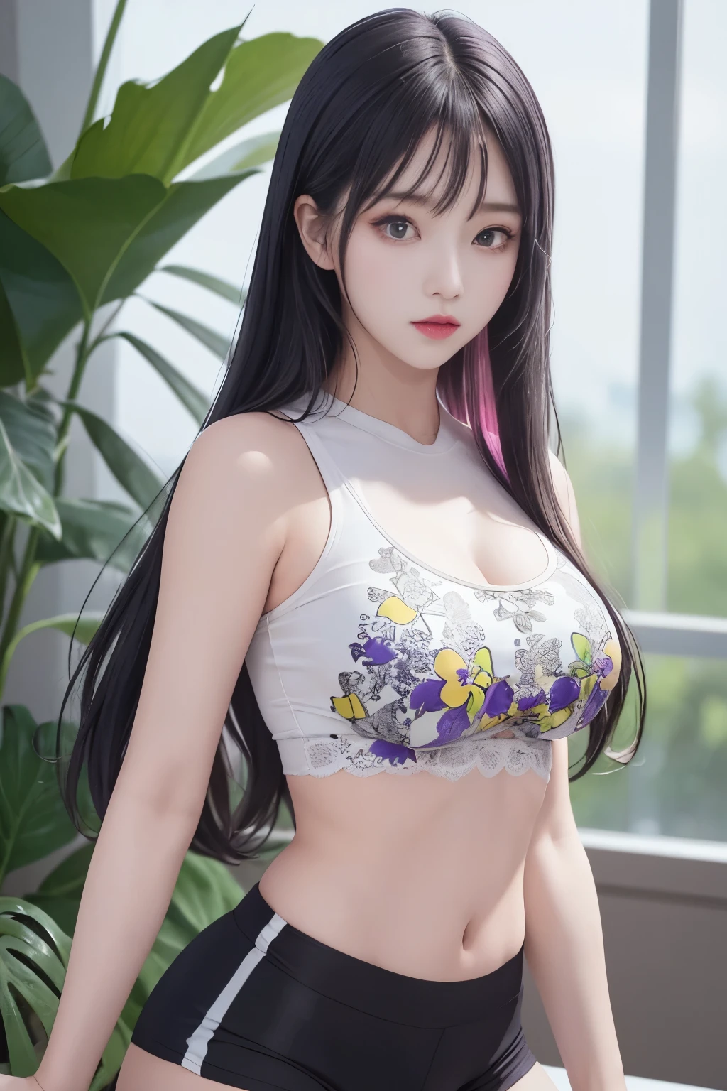 photorealistic, high resolution, 1 girl, long hair, korean, beauty eyes, print white sexy shirt, skimpy tight black shorts, thick thighs,print crop top sexy, lace underwear, yellow, red, blue, pink, purple, violet, green, cyan, white, show breast,