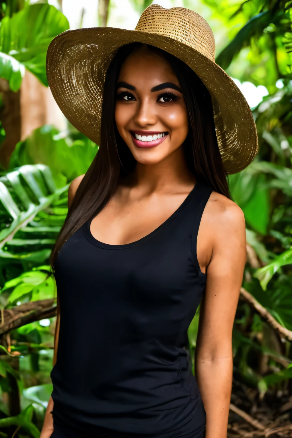 brown long hair, very light brown eyes, asian, dark makeup, hyperdetailed photography, beautiful girl, big smile, white teeth, full body in black tank top in the jungle, with a cowboy hat