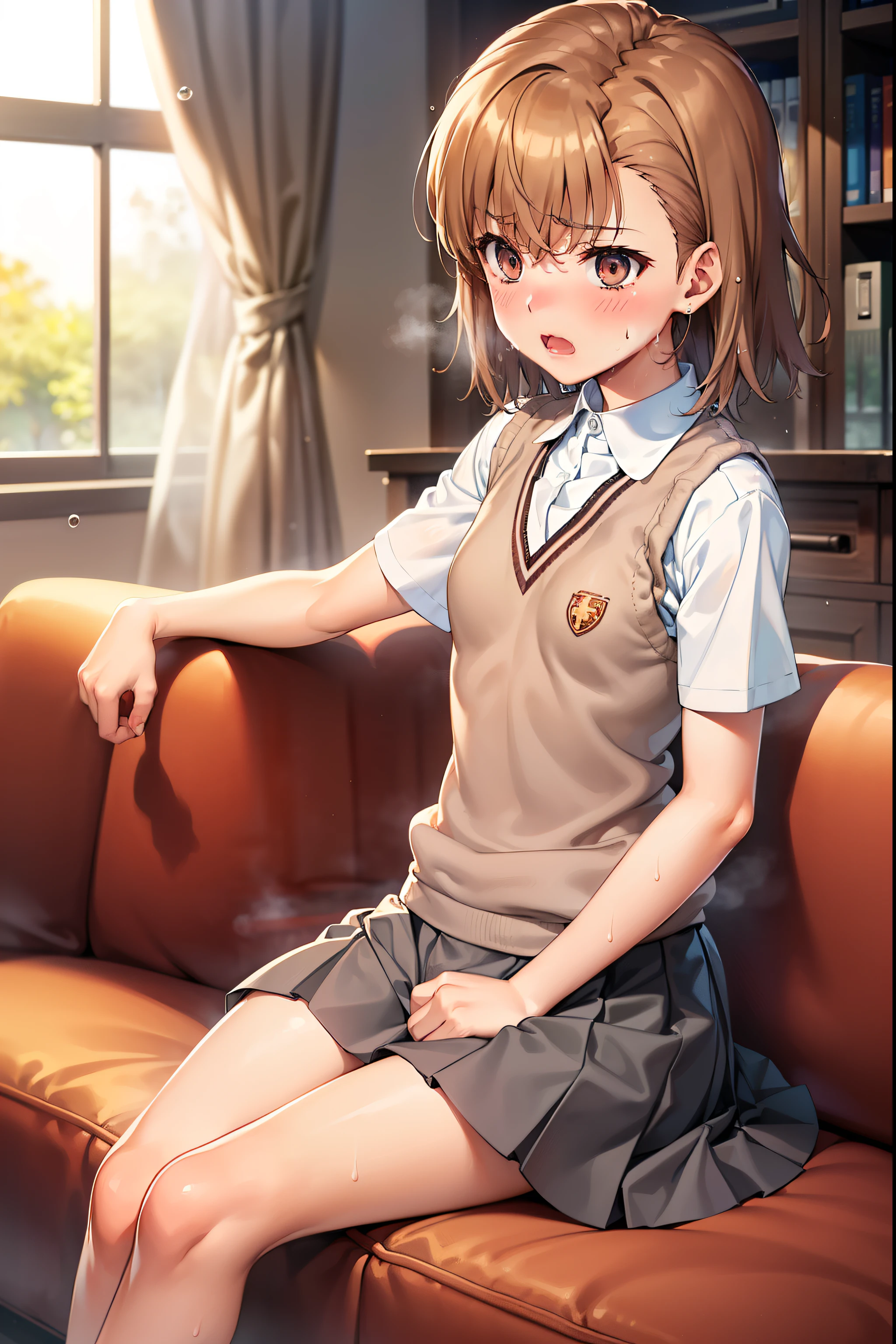 Smooth anime CG art、Focus Only、1 girl、Front view、Upper Body、(((Grey Skirt)))、Sweater vest、Short sleeve、(((Small breasts)))、(((sweat)))、Semi-short hair、(((Sweaty)))、Watery eye、blush、(((Embarrassed look)))、((Open your mouth))、(((Sitting)))、((indoor))、((sofa))