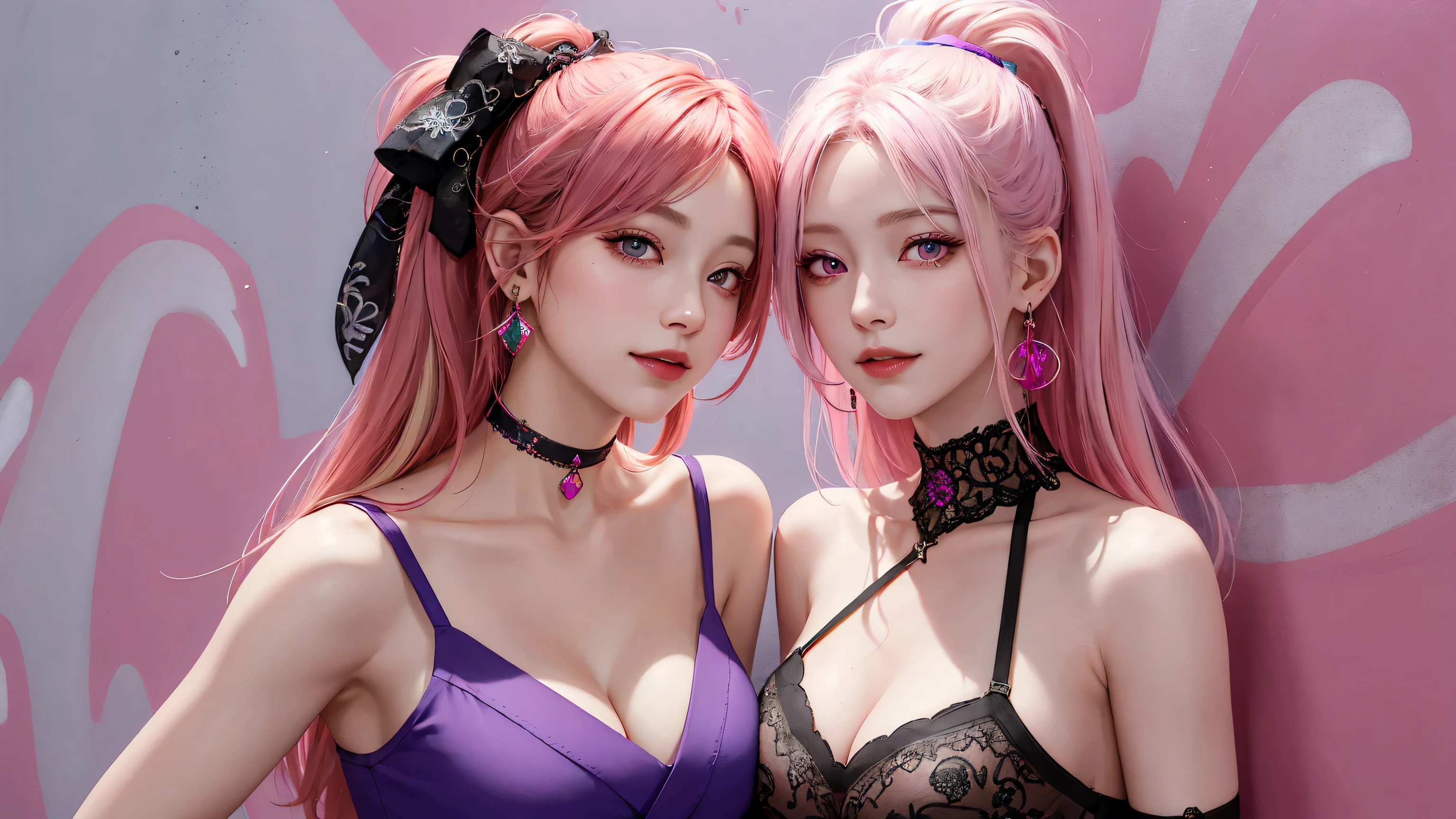 (Masterpiece, best quality, 1 girl, alone, complicated details, Chromatic aberration), realistic, ((Moderate breath)),long hair, pink hair, Red headpiece, Pink Highlights, hair on one eye,purple eyes, earring, sharp eyes, choker, Neon coat, She wears a collar, bangle, and kimono style garters., crop top, (symmetrical eyes),(Perfect symmetrical body),against the wall, Brick wall, (colorful graffiti words on the wall:1.2), The light is dim., alley ,Look at the viewer.、Dig the chest、smile、(sleeveless、Navel touch、Fitted turtleneck.)、street string hot pants、Thin bottom、Please build above the eaves..、Thin shoulders、in underwear、