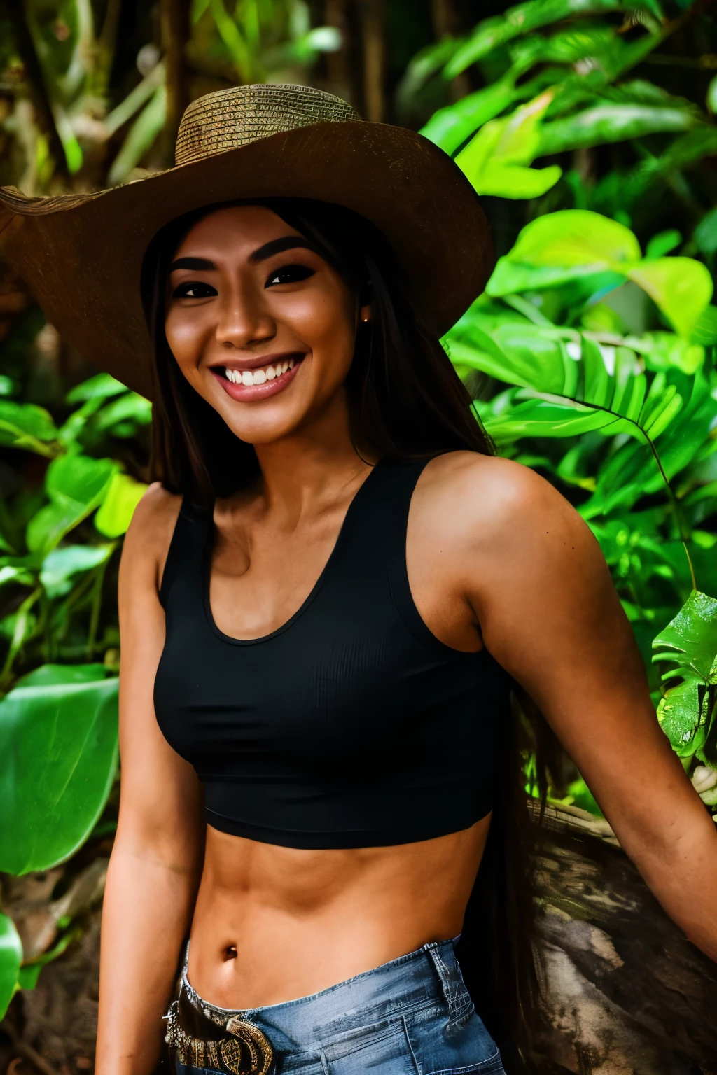 brown long hair, very light brown eyes, asian, dark makeup, hyperdetailed photography, beautiful girl, big smile, white teeth, full body in black tank top in the jungle, with a cowboy hat