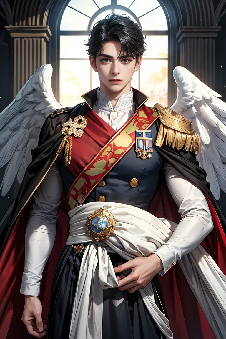 
masterpiece, 最high quality, high quality, 1 boy, alone, Male focus, Watching the audience,  Messy black hair, Adorable big blue eyes, White, Noble, Noble, Beautiful angel、A very big, very big, very big, very long, long red and black cape made with a lot of fabric that reaches all the way down to the floor, 17 years old,Cute beautiful boys,Cute, cute, kind, handsome guy