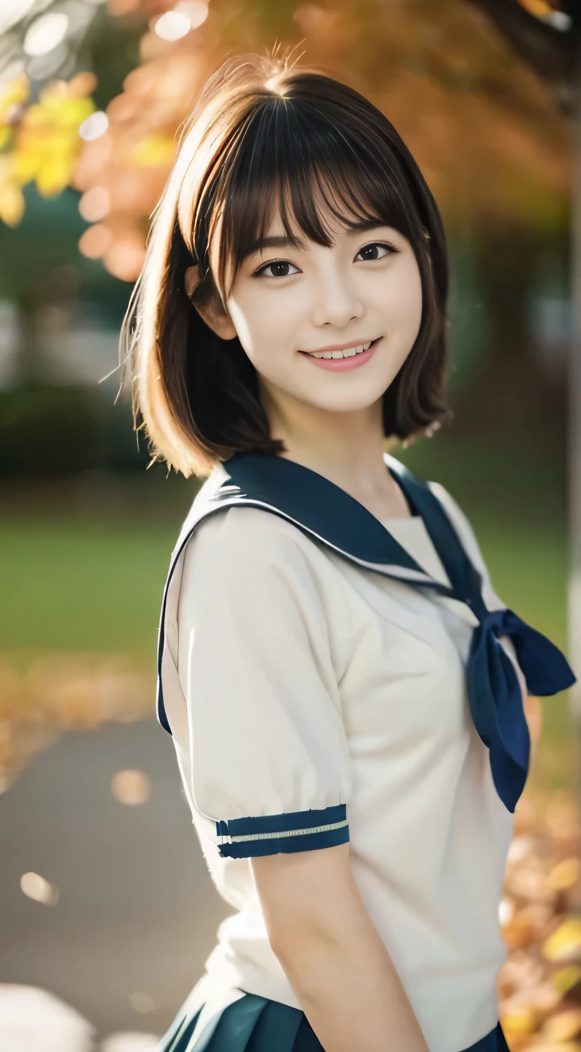 one high school girl、Delicate body shape、anatomically correct proportions, RAW shooting, 8k、((Use soft focus filter:1.5))、best quality, masterpiece, real photos, detailed face、detailed hair、16 year old beautiful girl、Beautiful girl like a Japanese idol、upper body photo、In the sunlight filtering through the autumn leaves、shallow depth of field photo、happy smile、Photo taken using a soft focus filter、Surrounded by bright and soft light、High school girl wearing a short-sleeved sailor uniform、Beautiful girl with a cute smile