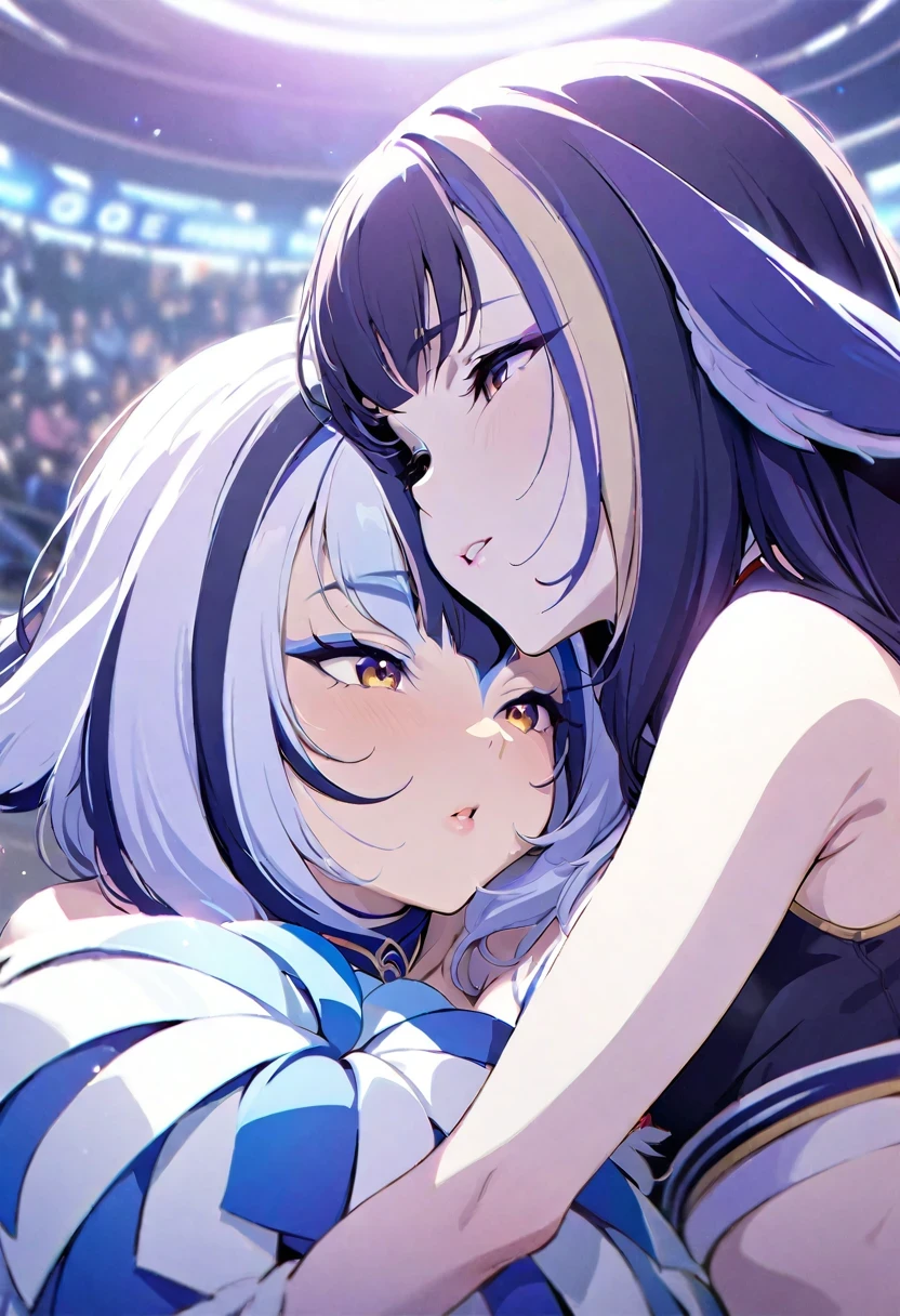 (shylily/(Twich/):1.5),(masterpiece:1.2),(best quality:1.2),, (1girl:1.3),2 girls, Multiple girls, natural lighting, masterpiece, Very detailed, illustration, Game CG, absurd, high quality, Embrace, Glossy lips, Looking at the audience, Cheerleader, diaphragm, 