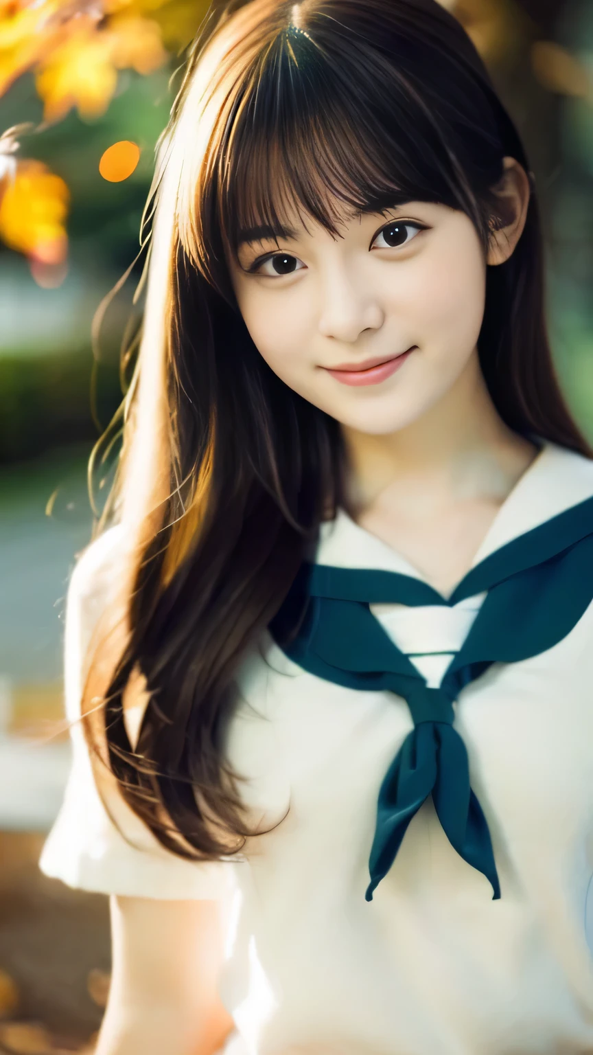 one high school girl、Delicate body shape、anatomically correct proportions, RAW shooting, 8k、((Use soft focus filter:1.5))、best quality, masterpiece, real photos, detailed face、detailed hair、16 year old beautiful girl、Beautiful girl like a Japanese idol、upper body photo、In the sunlight filtering through the autumn leaves、shallow depth of field photo、happy smile、Photo taken using a soft focus filter、Surrounded by bright and soft light、High school girl wearing a short-sleeved sailor uniform、Beautiful girl with a cute smile