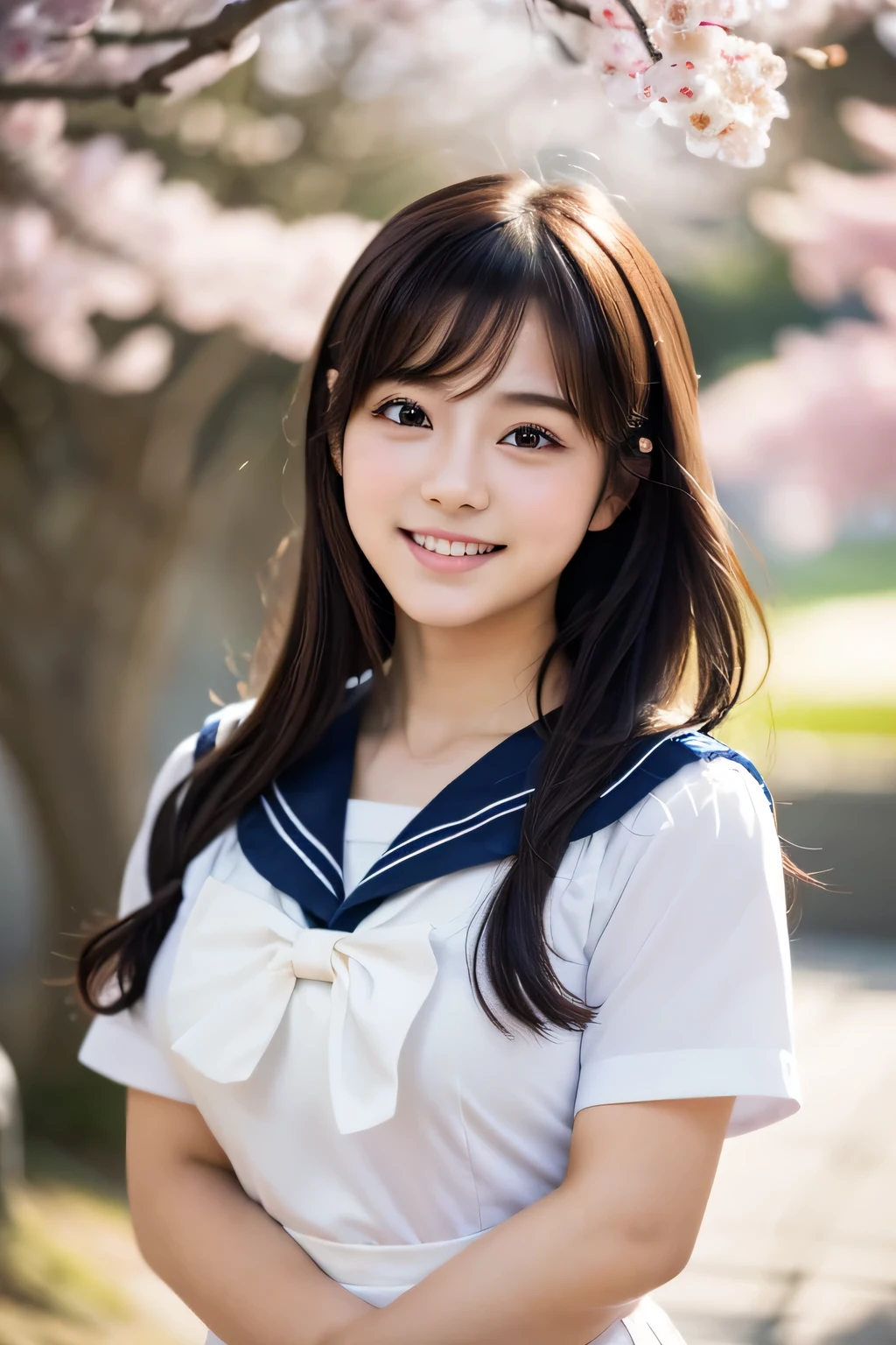 one high school girl、Delicate body shape、anatomically correct proportions, RAW shooting, 8k、(Use soft focus filter:1.8)、best quality, masterpiece, real photos, detailed face、detailed hair、18 year old beautiful girl、((Beautiful girl like a Japanese idol:1.8))、upper body photo、In the sunlight filtering through the rows of cherry blossom trees、Cherry blossom blizzard flutters、Shallow depth of field photo、happy smile、(Photo taken using a soft focus filter:1.8)、Surrounded by bright and soft light、((High school girl wearing a short-sleeved sailor uniform:1.5))、shining eyes、(A photo with a pleasantly blurred person:1.5)