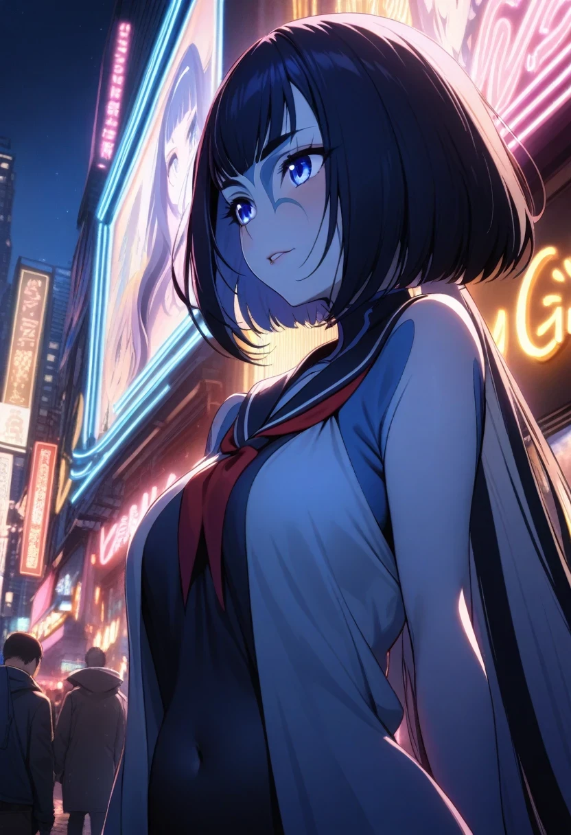 (shylily/(Twich/):1.5),(masterpiece:1.2),(best quality:1.2),, (1girl:1.3),(Backlight,belly button:1.1),Beautiful girls in school uniforms on the bustling streets of Gintama, surrounded by traders, Beautiful portrait of a stunning goddess girl, Beautiful and delicate face, Porcelain skin, Half-body shooting, Center,((external,night,big neon light,Strong neon lights,Edge lighting,Two-color lighting))),