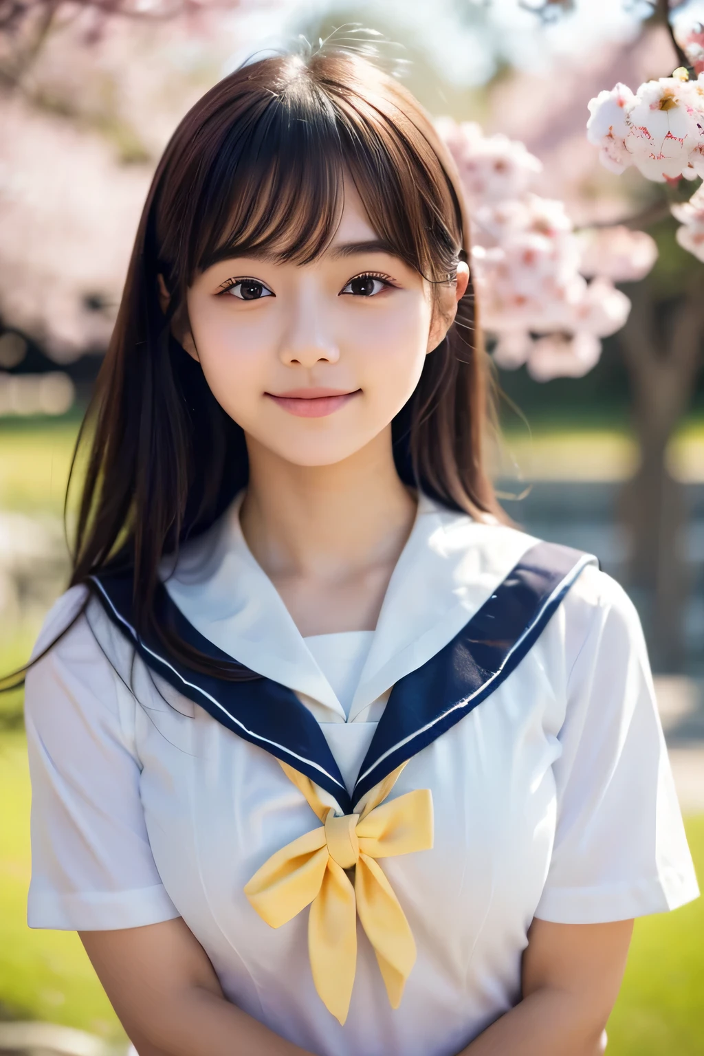 one high school girl、Delicate body shape、anatomically correct proportions, RAW shooting, 8k、(Use soft focus filter:1.8)、best quality, masterpiece, real photos, detailed face、detailed hair、18 year old beautiful girl、((Beautiful girl like a Japanese idol:1.8))、upper body photo、In the sunlight filtering through the rows of cherry blossom trees、Cherry blossom blizzard flutters、Shallow depth of field photo、happy smile、(Photo taken using a soft focus filter:1.8)、Surrounded by bright and soft light、((High school girl wearing a short-sleeved sailor uniform:1.5))、shining eyes、(A photo with a pleasantly blurred person:1.5)