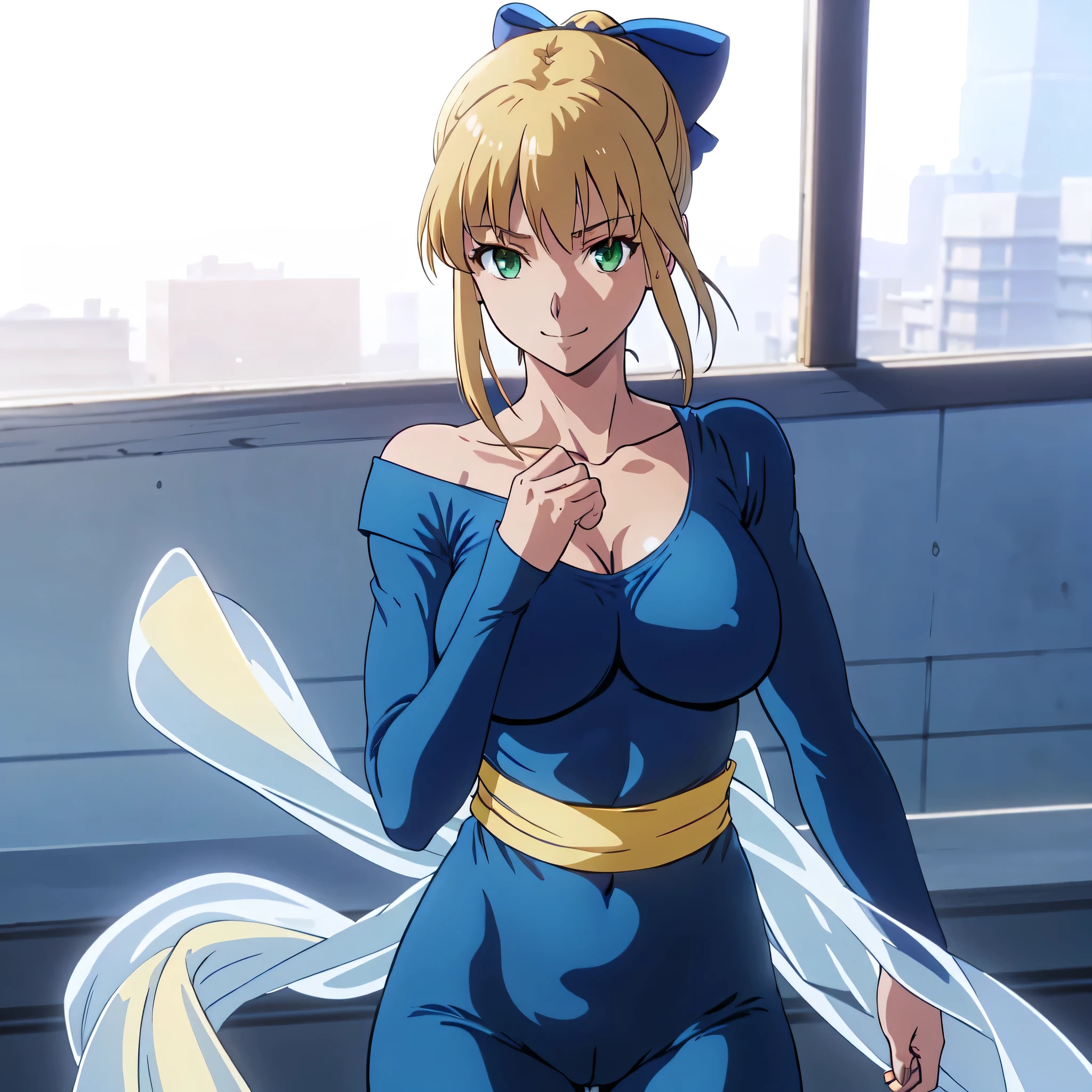 masterpiece、highest quality、Anime Women、solo、Watching the audience、smile、Blonde、eyelash、Green Eyes、single hair bun、Braided ponytail、blue hair bow、Big Breasts、cleavage、A woman with very large breasts、collarbone、Blue bodysuit、Off the shoulder、Long sleeve、yellow sash、perfect hands、