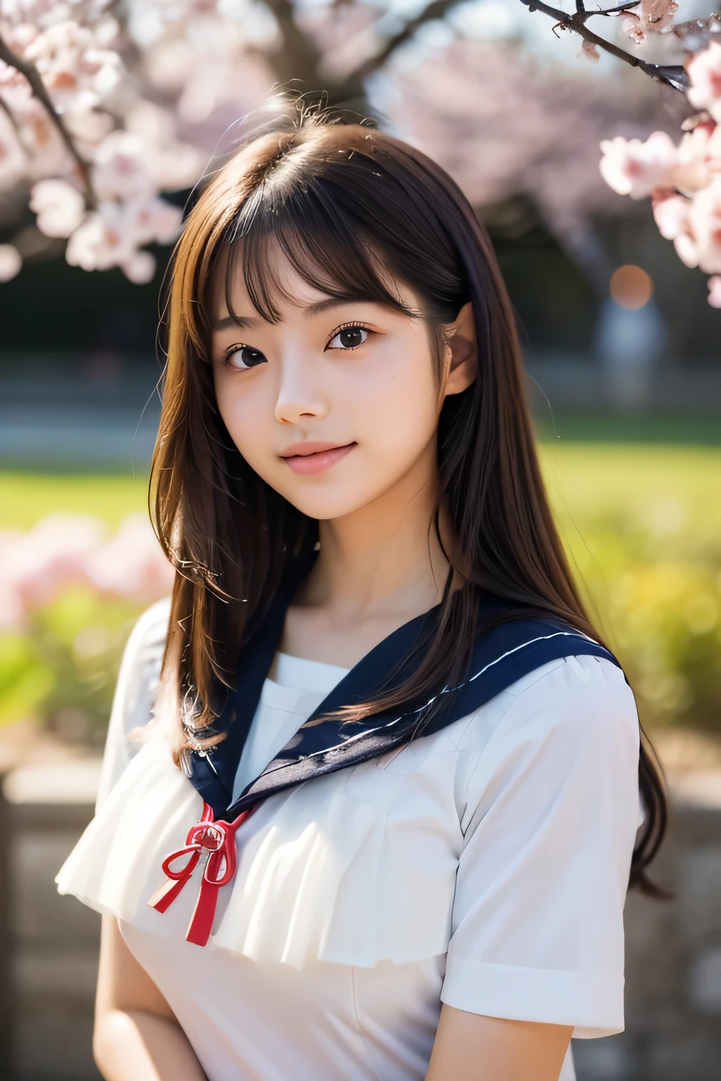 one high school girl、Delicate body shape、anatomically correct proportions, RAW shooting, 8k、(Use soft focus filter:1.8)、best quality, masterpiece, real photos, detailed face、detailed hair、18 year old beautiful girl、((Beautiful girl like a Japanese idol:1.8))、upper body photo、In the sunlight filtering through the rows of cherry blossom trees、Cherry blossom blizzard flutters、Shallow depth of field photo、happy smile、(Photo taken using a soft focus filter:1.8)、Surrounded by bright and soft light、((High school girl wearing a short-sleeved sailor uniform:1.5))、shining eyes、(A photo with a pleasantly blurred person:1.5)