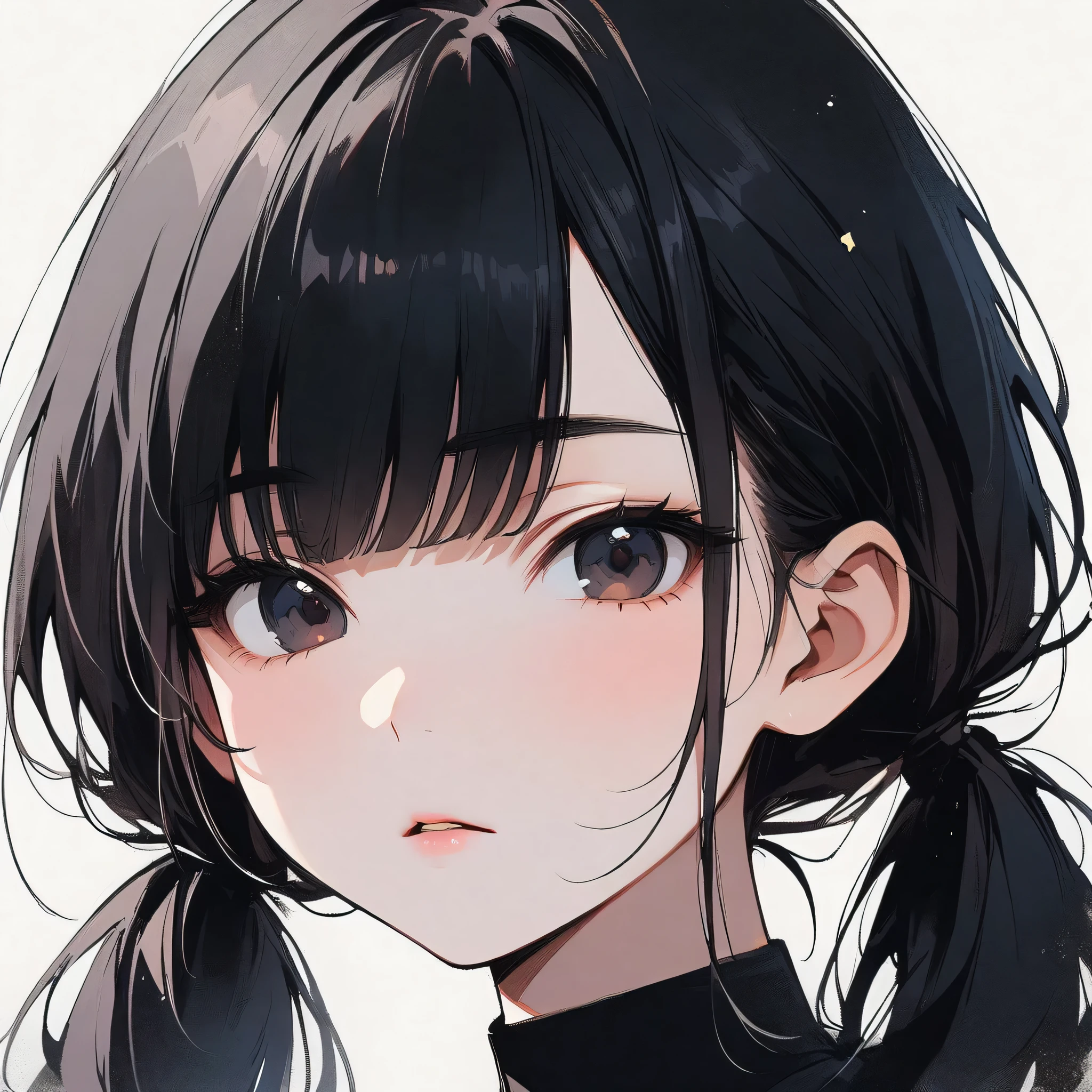 Woman, slim, pale, pure, simple, white background, face close-up, black hair, black eyes, straight bangs, asian eyes, slanted eyes, small eyes, narrow eyes, Chinese eyes, buns, cute, straight bangs, cute, adorable, mouth open wide, drooling 